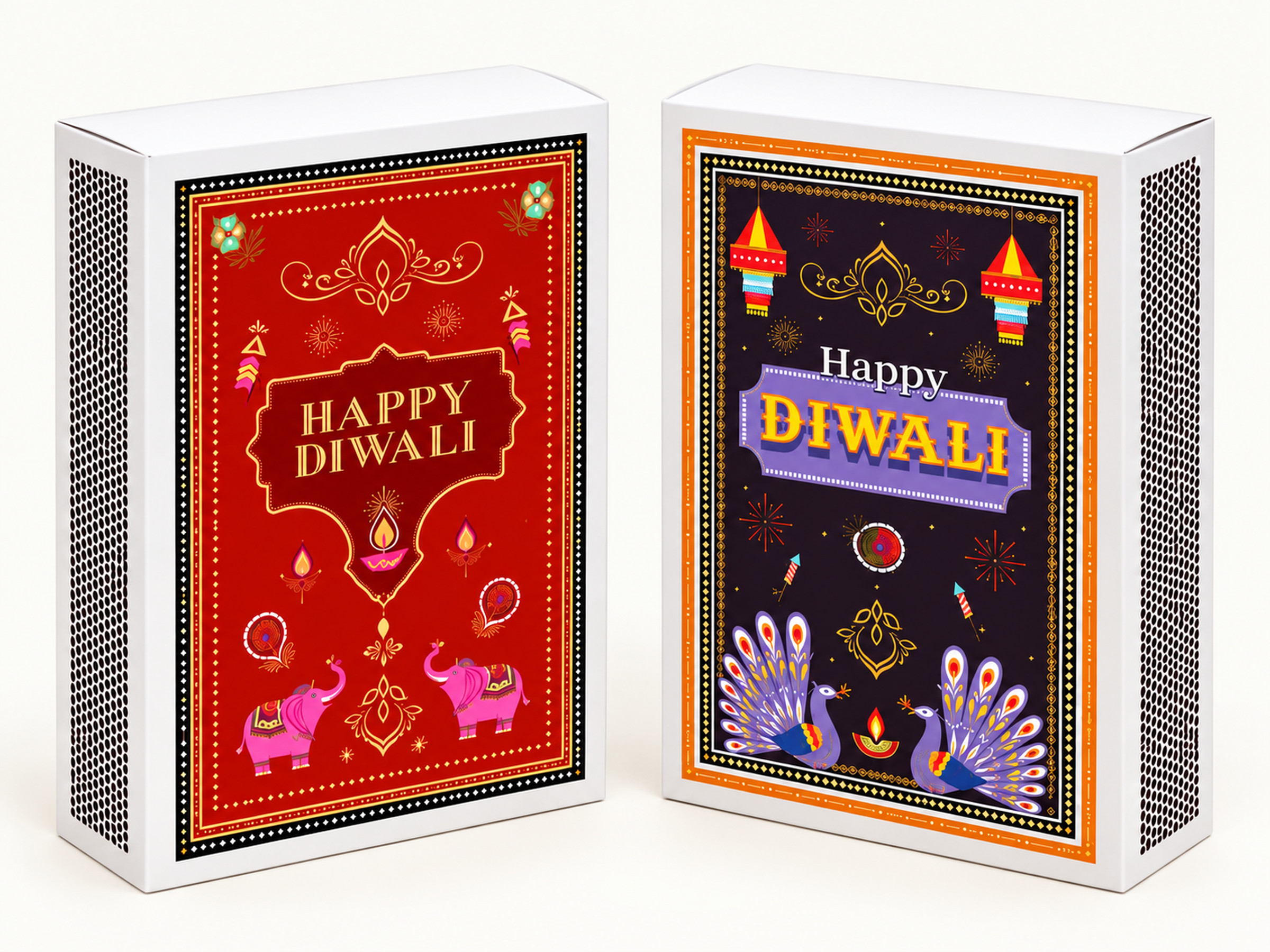 Two white Diwali sleeve gift boxes with red elephant and dark peacock artwork, shown upright.
