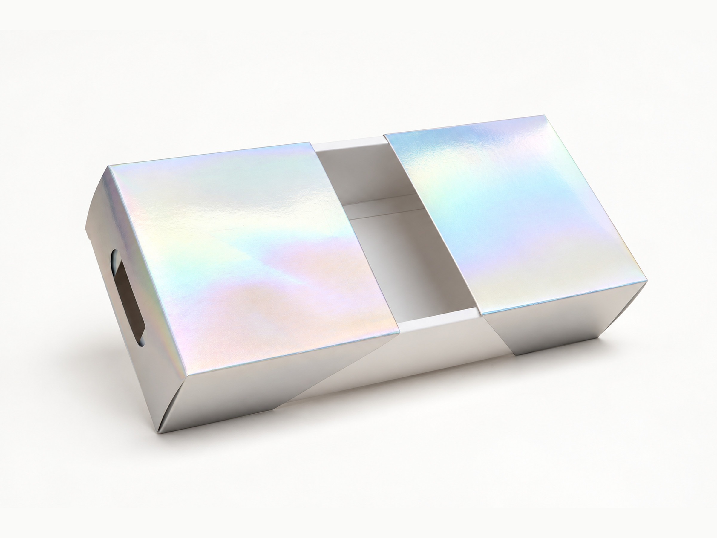 Iridescent rectangular gift box with a central rectangular viewing opening and a cut-out end handle.