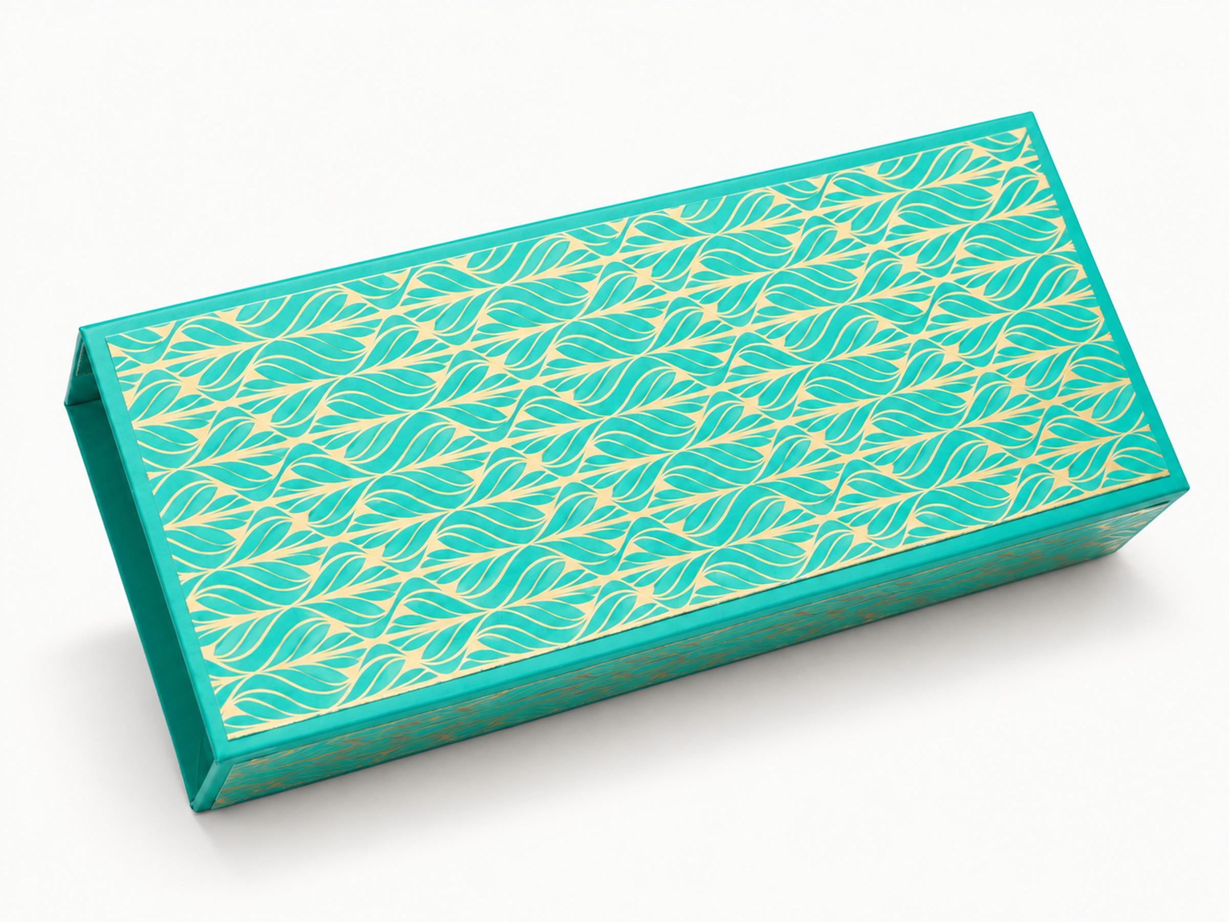 Closed teal rectangular gift box with a gold leaf pattern across its lid and sides.