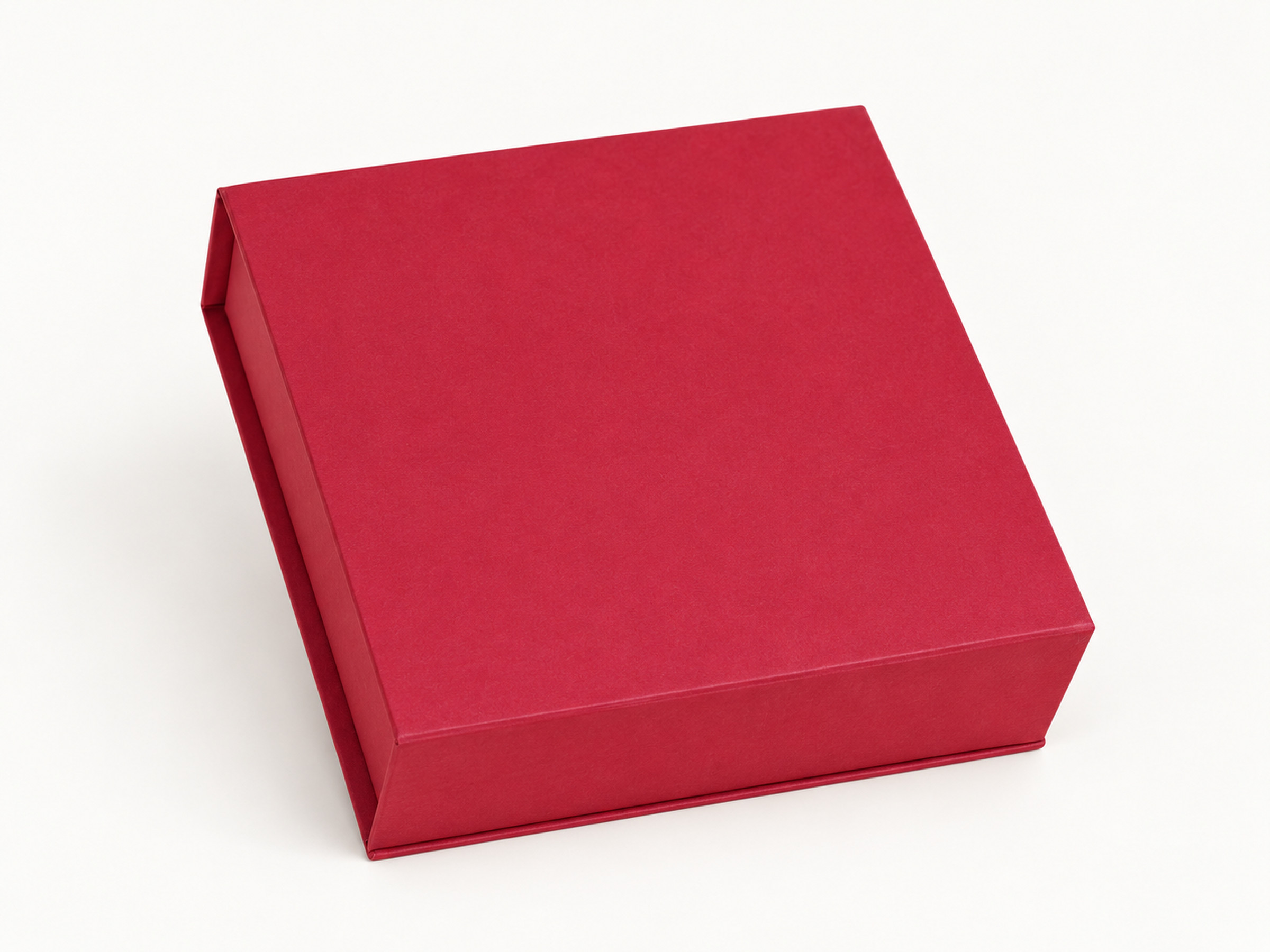 Closed plain burgundy square gift box shown from a three-quarter angle.