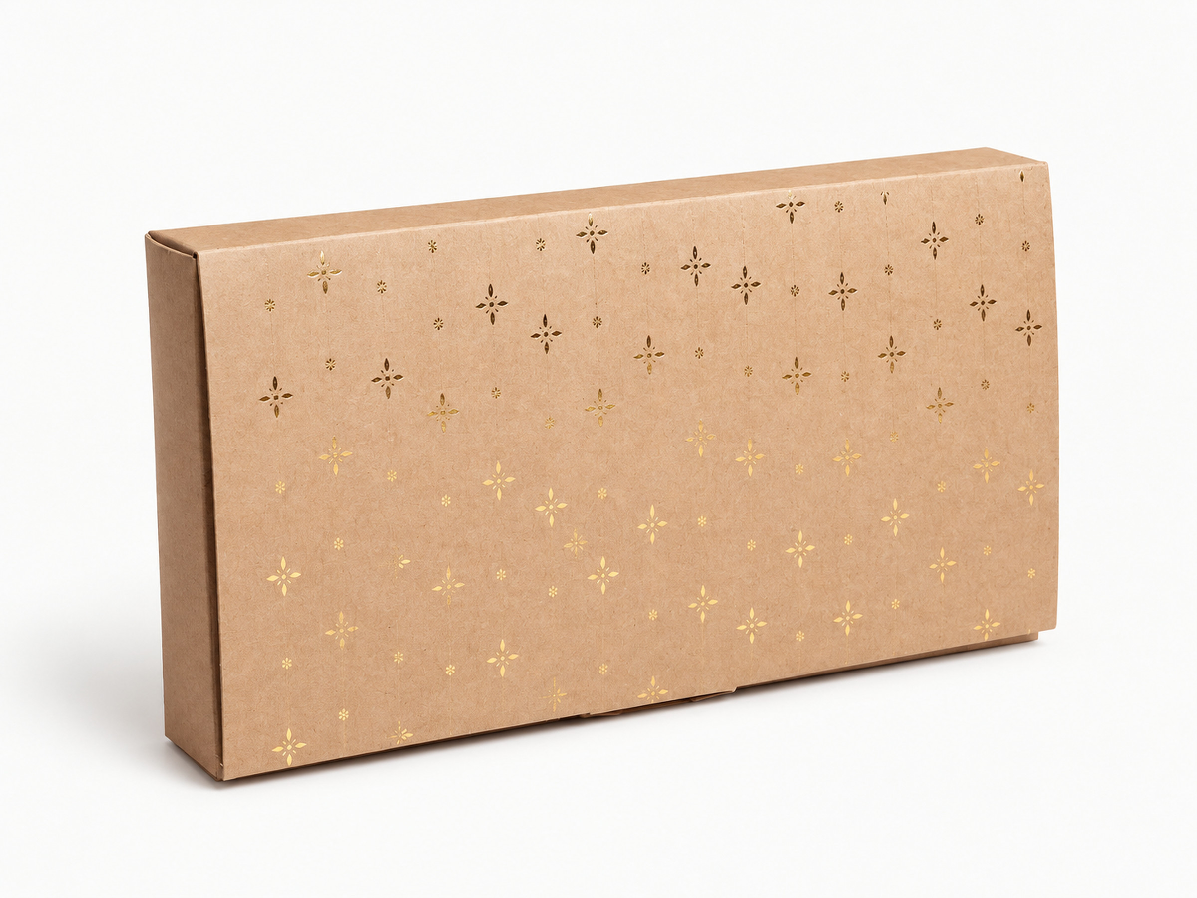Kraft-brown rectangular gift box with small gold floral motifs scattered across the lid.