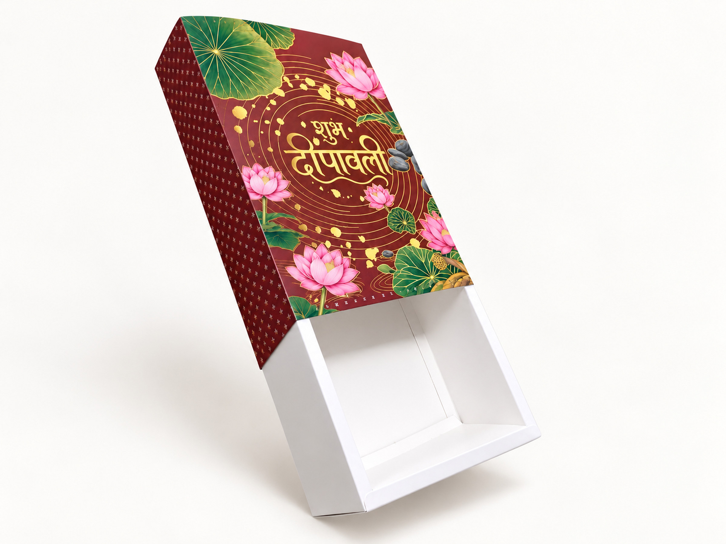 Burgundy lotus Diwali sleeve gift box with its white inner tray pulled out, showing the empty interior.