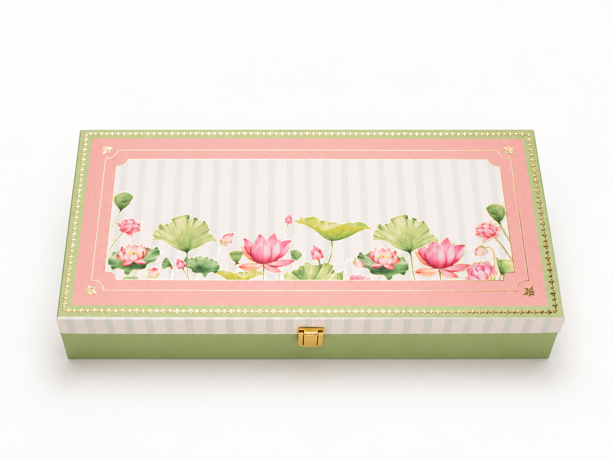 Closed pastel lotus gift box with a pink-bordered floral lid, pale green base and a small gold clasp.