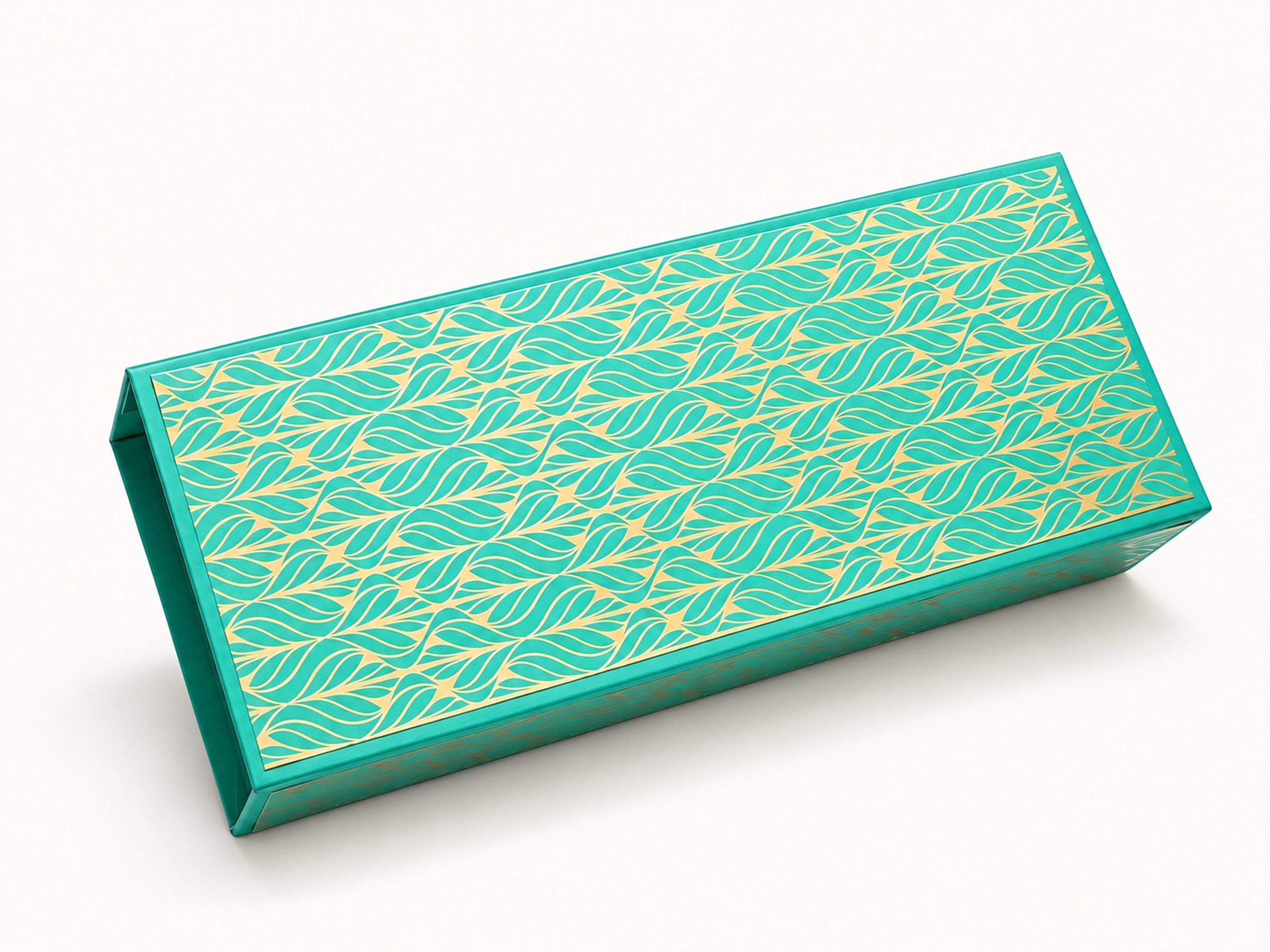 Teal sweet box with a slightly lifted lid decorated with a repeating gold leaf pattern.