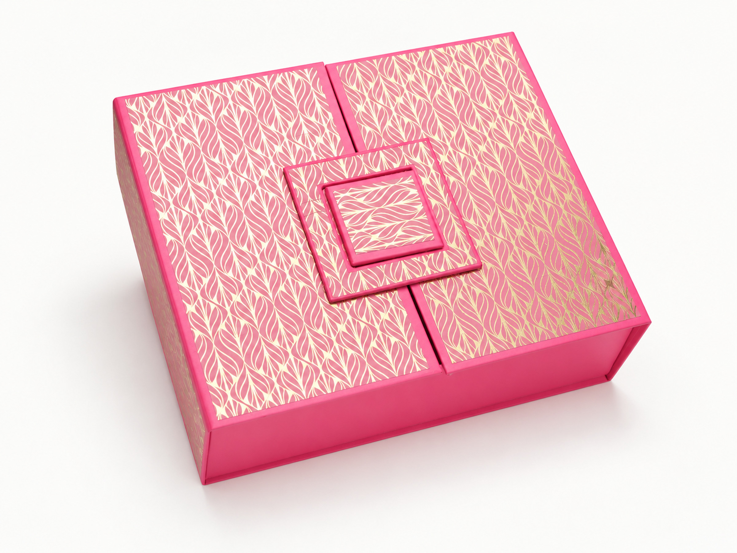 Pink gift box with a gold leaf pattern, two front-opening lid panels and a layered square decorative closure.