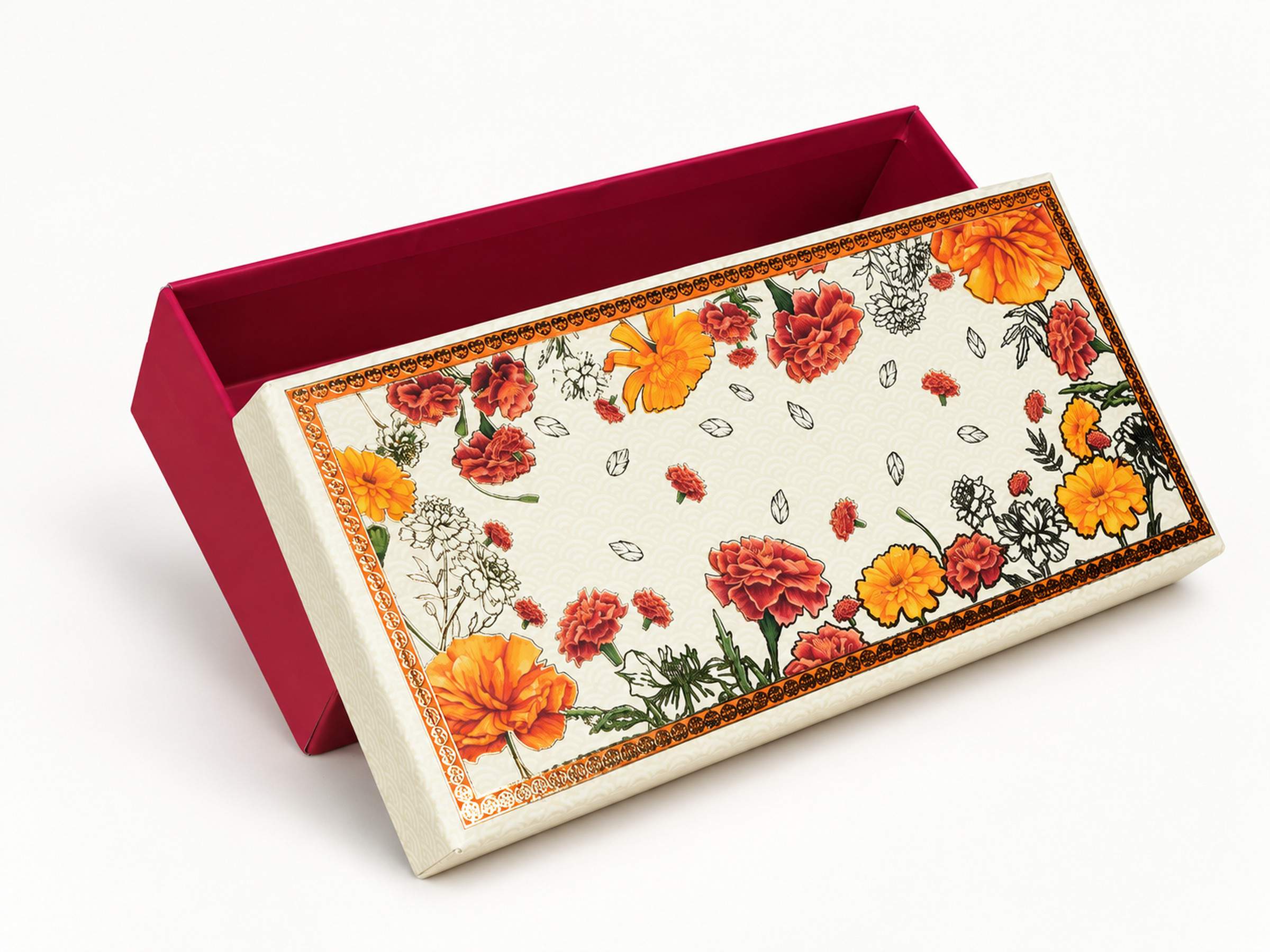 Rectangular gift box with a burgundy base and a separate ivory lid printed with orange and rust flowers and an ornamental border.