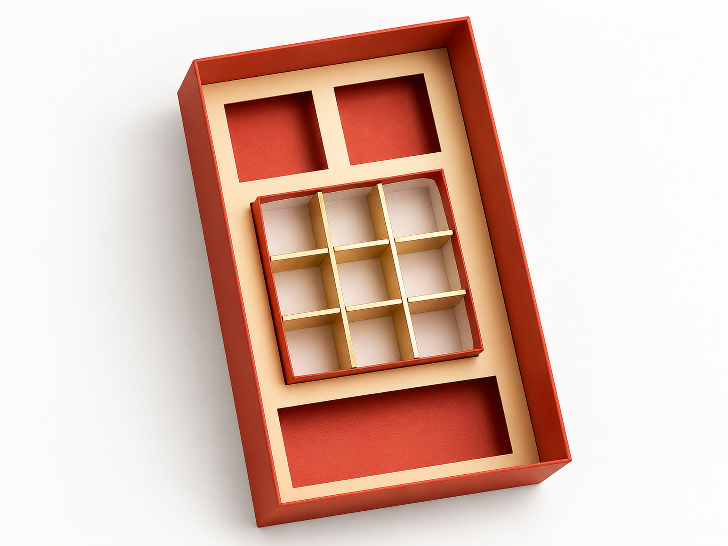 Orange hamper box viewed from above, with a central nine-section tray, two upper recesses and one lower rectangular recess. Supplementary reference only; product identity, sizes and availability require confirmation.
