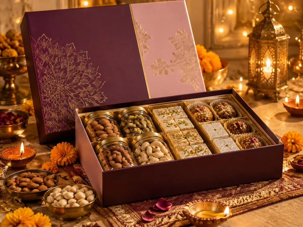 AI-generated festive gift-box concept; not a photograph of this packaging format