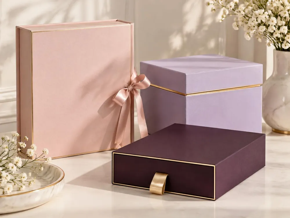 AI-generated pink and lavender gift-box design direction